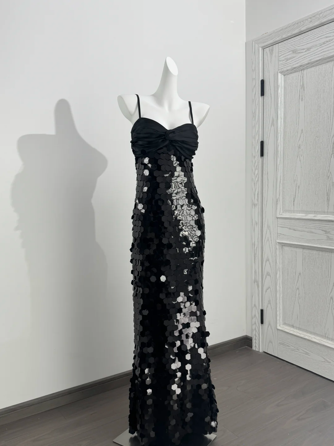 Black Spaghetti Strap Sequin Cinched Waist Fitted Sexy Prom Dress, Evening Gown gh7214