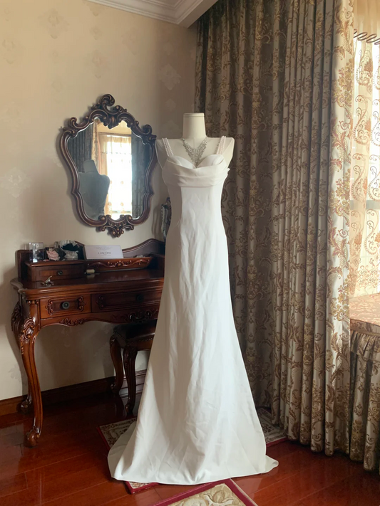 White Spaghetti Strap Waist-Cinched Slim Fit Elegant Vintage Prom Dress, Evening Gown, Birthday Gown, Wedding Dress gh7258