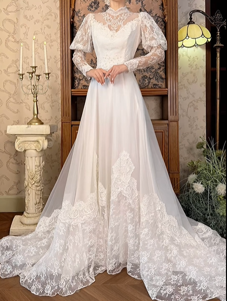 Off‑White Long Puff Sleeve Fitted Waist Elegant Vintage Long Prom Gown, Wedding Prom Dress gh8596