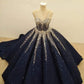 Marineblaues, wunderschönes, glänzendes Paillettenkleid, stilvolles, einzigartiges, langes Ballkleid, Abendkleid gh3092