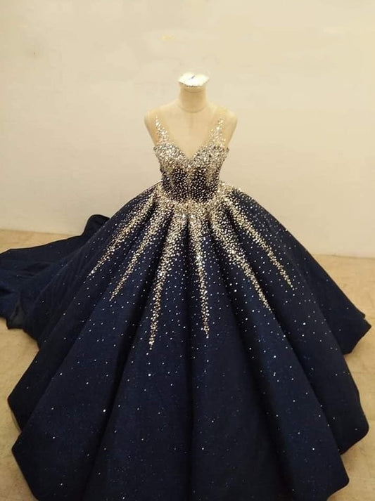 Robe de soirée longue élégante et unique à paillettes brillantes bleu marine gh3092
