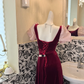 Burgundy Square Neck Puff Sleeve Waist-Cinched Fitted Elegant Vintage Romantic Gown gh7557