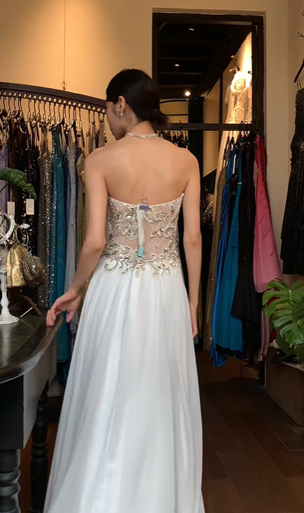 White Strapless Sweetheart Long Formal Gown Gold Lace Beaded High Slit Evening Dress gh9650