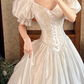 Off‑White Puff Sleeve Vintage Fitted Waist Full Flared Skirt Prom Gown, Wedding Dress gh8593