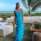 Blau/Gelb Schulterfrei A-Linie Stufen Lang Chiffon Ballkleid Elegant Rüschen Bodenlang Ballkleid Abendkleid Hochzeitsfestkleid gh3656