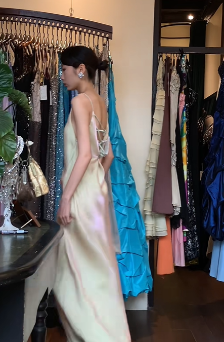 Light Champagne Spaghetti Strap Long Formal Gown Shiny Satin Maxi Evening Dress gh9639