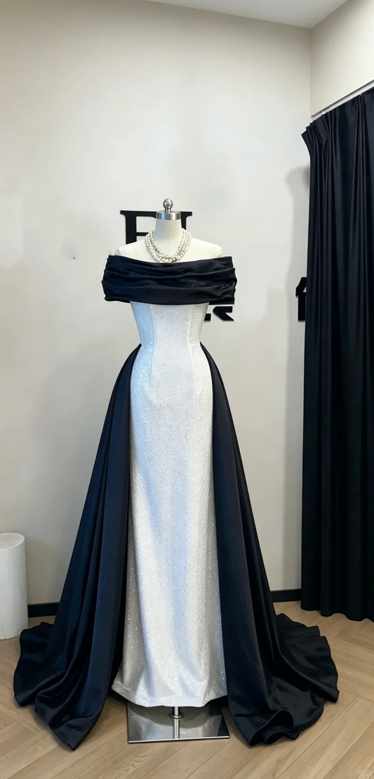 Navy Blue Off-Shoulder Long Evening Dress With White Sequin Spliced Skirt, Fairy Gown, Romantic Gown gh7484