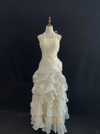 Light Apricot Spaghetti Strap Long Romantic Gown, Cinched Waist, Full Flared Skirt, Vintage Elegant Wedding Gown gh8113
