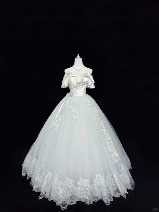 White Satin Off-the-Shoulder Cinched Waist Light Green Voluminous Skirt Long Romantic Dress, Wedding Gown gh7889