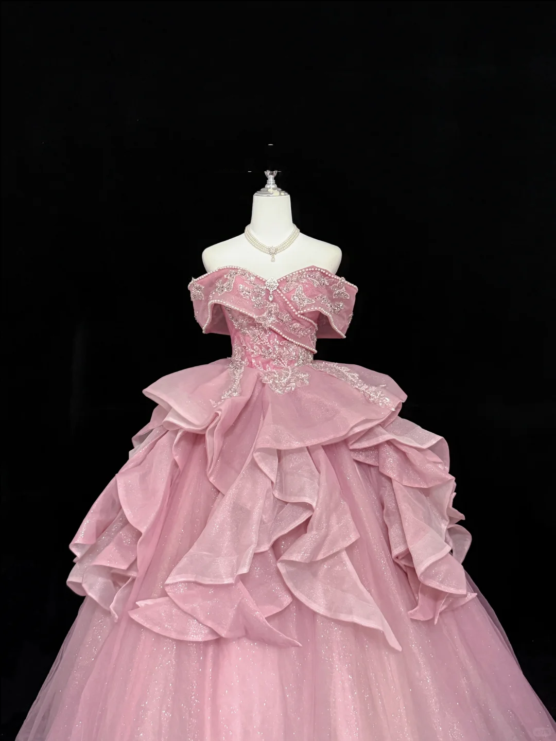 Blush Pink Off-the-Shoulder Beaded Cinched Waist Voluminous Tulle Skirt Long Romantic Dress, Wedding Gown gh7852