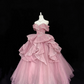 Blush Pink Off-the-Shoulder Beaded Cinched Waist Voluminous Tulle Skirt Long Romantic Dress, Wedding Gown gh7852