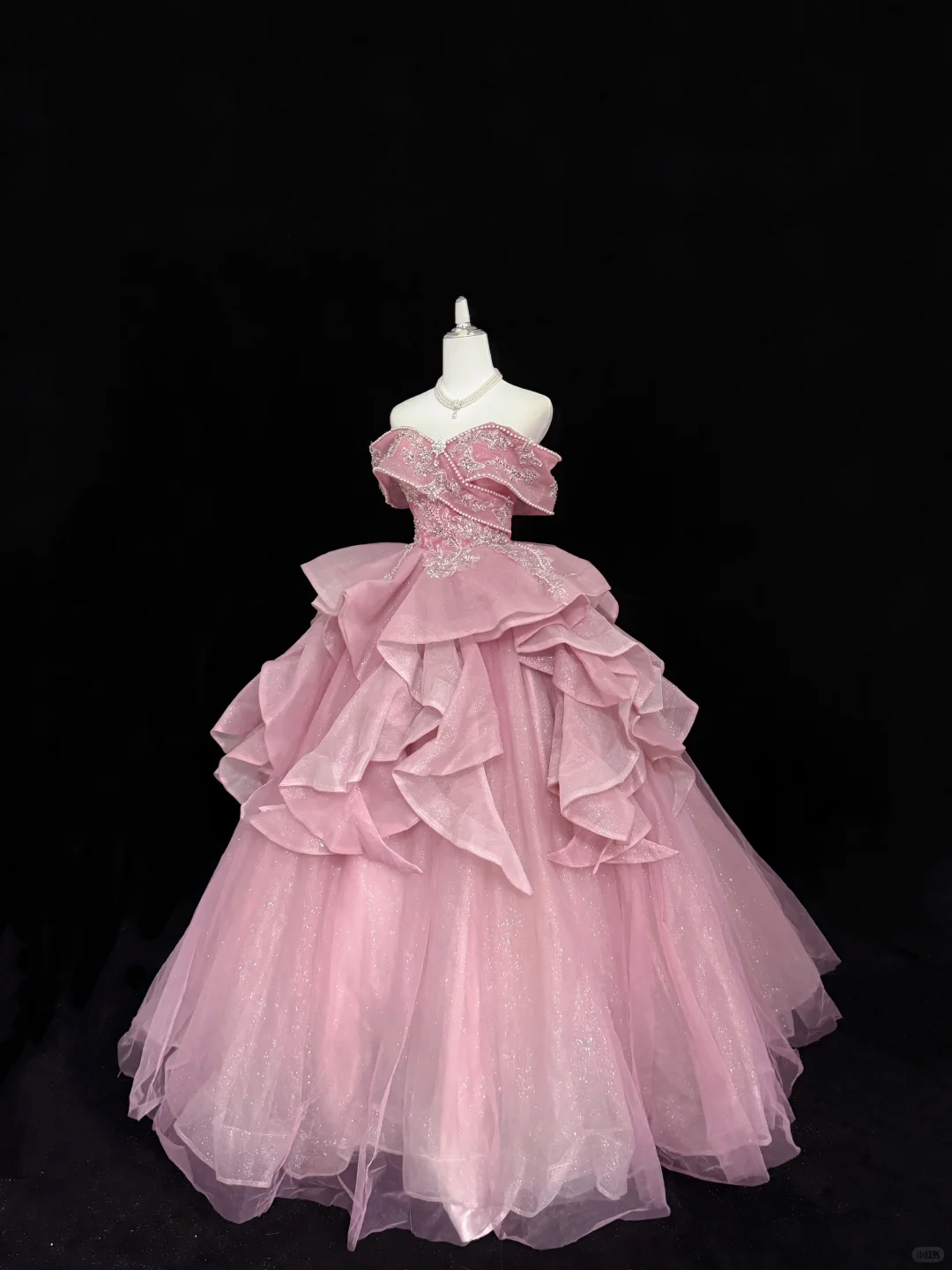 Blush Pink Off-the-Shoulder Beaded Cinched Waist Voluminous Tulle Skirt Long Romantic Dress, Wedding Gown gh7852