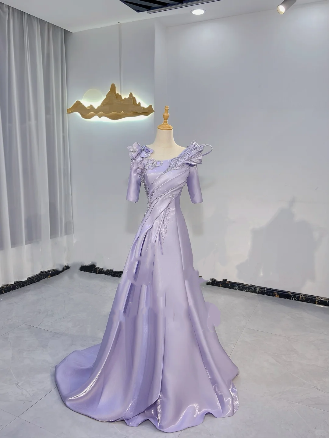 Light Purple Mid-Long Sleeve Waist-Cinched Fitted Long Evening Dress, Fairy Gown, Romantic Gown gh7406