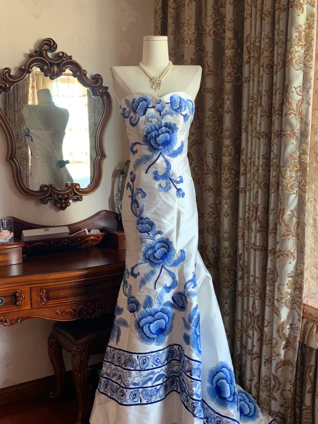 Blue Printed Classic Strapless Fitted Waist Elegant Prom Dress, Evening Ball Gown gh7288