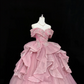 Blush Pink Off-the-Shoulder Beaded Cinched Waist Voluminous Tulle Skirt Long Romantic Dress, Wedding Gown gh7852