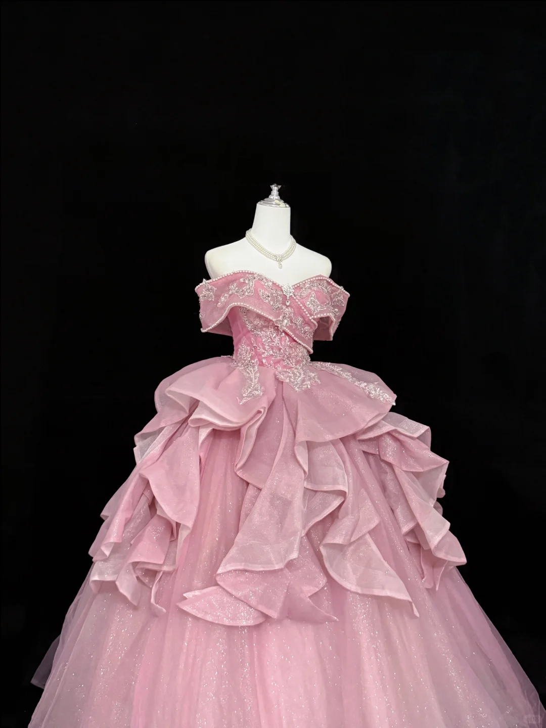 Blush Pink Off-the-Shoulder Beaded Cinched Waist Voluminous Tulle Skirt Long Romantic Dress, Wedding Gown gh7852