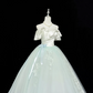 White Satin Off-the-Shoulder Cinched Waist Light Green Voluminous Skirt Long Romantic Dress, Wedding Gown gh7889