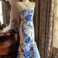 Blue Printed Classic Strapless Fitted Waist Elegant Prom Dress, Evening Ball Gown gh7288