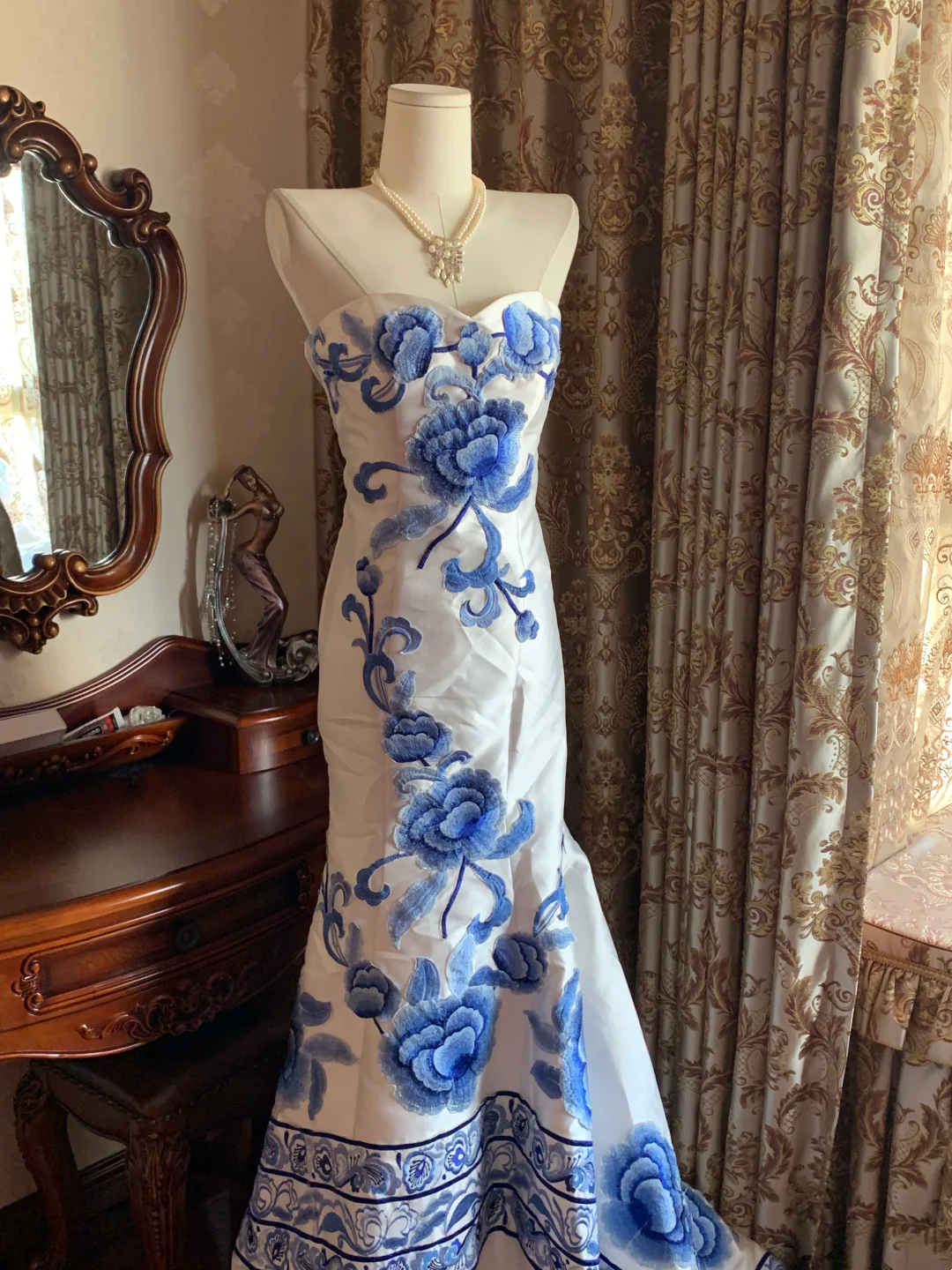 Blue Printed Classic Strapless Fitted Waist Elegant Prom Dress, Evening Ball Gown gh7288