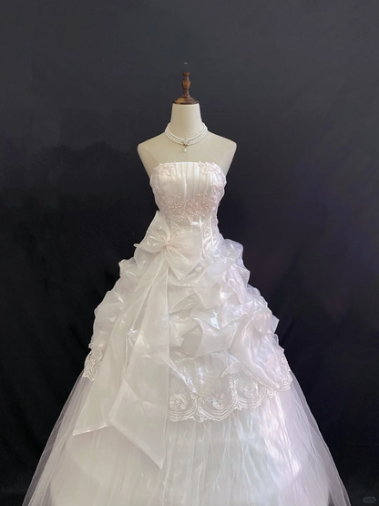 Blush Pink Strapless Romantic Gown with Embroidery & Bow Accents, Voluminous Princess Skirt, Wedding Dress & Bridal Gown gh8243