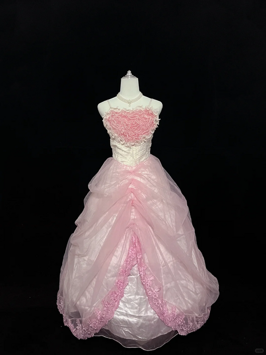 Blush Pink Spaghetti Straps Heart Neckline Cinched Waist Voluminous Princess Skirt Romantic Dress, Wedding Gown gh8024