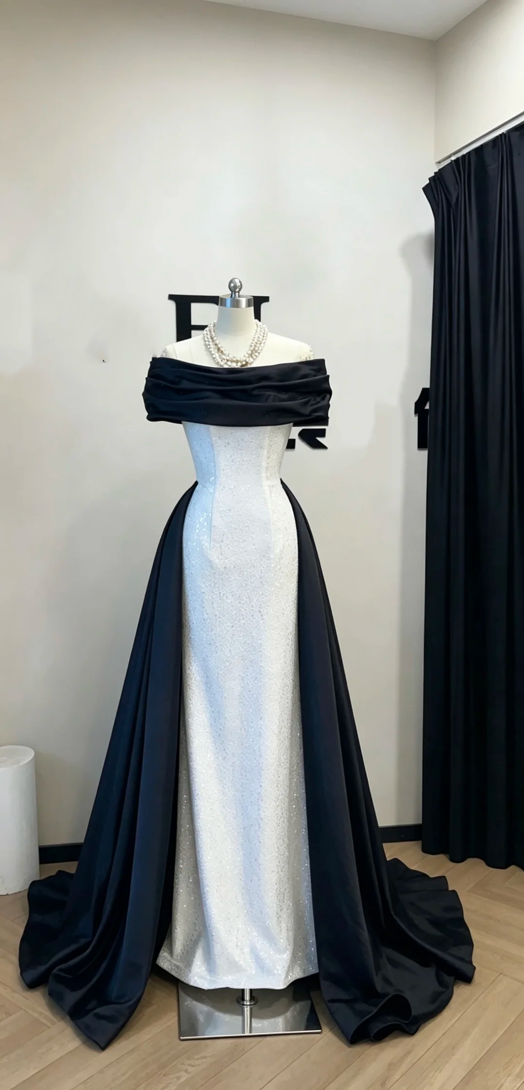 Navy Blue Off-Shoulder Long Evening Dress With White Sequin Spliced Skirt, Fairy Gown, Romantic Gown gh7484
