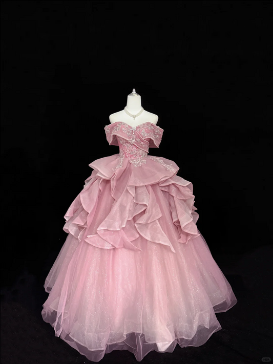 Blush Pink Off-the-Shoulder Beaded Cinched Waist Voluminous Tulle Skirt Long Romantic Dress, Wedding Gown gh7852