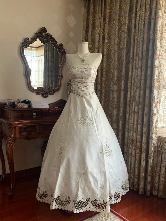 White Vintage Strapless Waist-Cinched Voluminous Skirt Prom Dress, Evening Gown gh7259