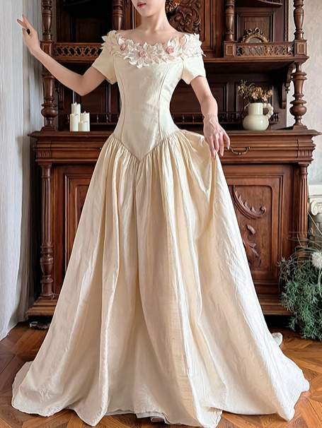 Light Cream Beige Vintage Off‑the‑Shoulder 3D Fabric Floral Short Sleeve Pointed Fitted Waist Full Flared Train Long Prom Gown, Wedding Dress gh8617