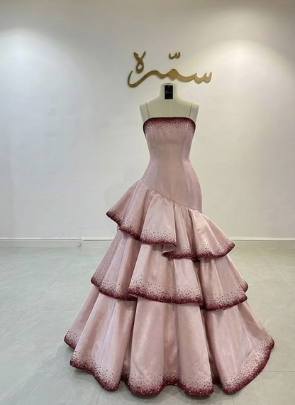 ✨Girlhomeshops-Light Pink Asymmetric Tiered Ruffle Mermaid Prom Dress Strapless gh10195
