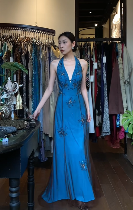 Teal Blue Halter Deep V Long Formal Gown Hand Beaded Chiffon Evening Dress gh9664