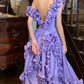 Lavender Off Shoulder Ruffle Satin A Line Long Evening Prom Dress gh9781