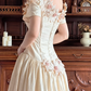 Light Cream Beige Vintage Off‑the‑Shoulder 3D Fabric Floral Short Sleeve Pointed Fitted Waist Full Flared Train Long Prom Gown, Wedding Dress gh8617