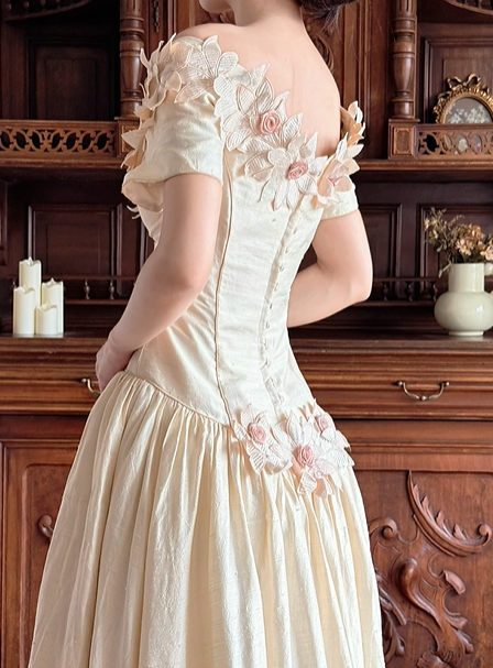 Light Cream Beige Vintage Off‑the‑Shoulder 3D Fabric Floral Short Sleeve Pointed Fitted Waist Full Flared Train Long Prom Gown, Wedding Dress gh8617