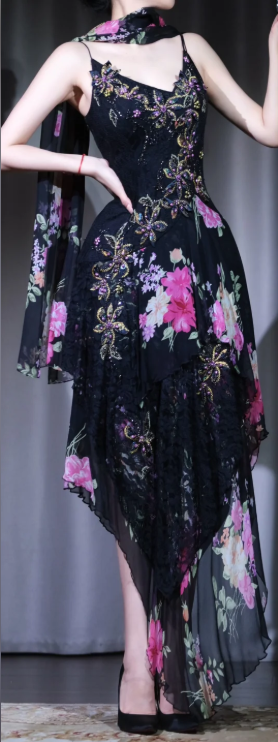 ✨Girlhomeshops-Spaghetti Strap Black Floral Beaded Irregular Hem Party Dress With Shawl gh10005