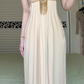 Light Apricot Strapless Tube Top Long Evening Gown, Gold Rhinestone Tassel Pendant, High Waist Flowy Maxi Dress With Side Pockets gh8936