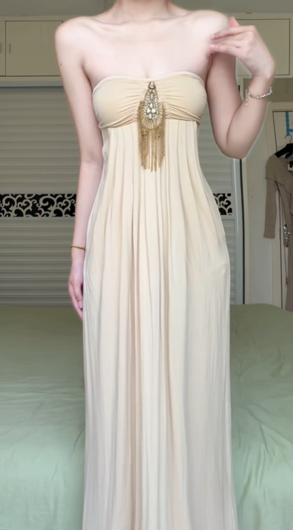 Light Apricot Strapless Tube Top Long Evening Gown, Gold Rhinestone Tassel Pendant, High Waist Flowy Maxi Dress With Side Pockets gh8936