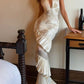 Robe longue sirène glamour de luxe, dos nu, décolleté plongeant | Satin crème, froncée, idéale pour un gala, tapis rouge ou événement mondain haut de gamme gh6438