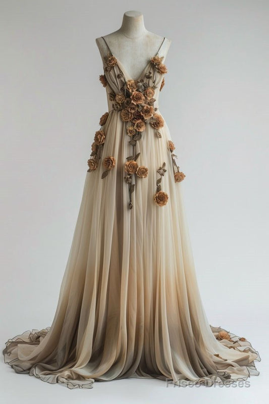 girlhomeshops-Wedding Dress Nude Gradient Tulle 3D Floral Sleeveless Floor-Length Vintage Gown Gh6337