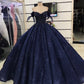 Blue shiny elegant floral A-line long tulle ball gown evening dress gh3342