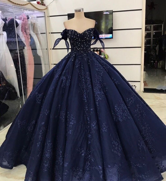 Blaues, glänzendes, elegantes, florales A-Linien-Abendkleid aus langem Tüll gh3342