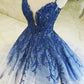 Blaues, glänzendes, elegantes V-Ausschnitt-Applikations-Farbverlaufs-Langballkleid, Ballkleid, Abendkleid, Zeremoniekleid für Erwachsene, gh3104