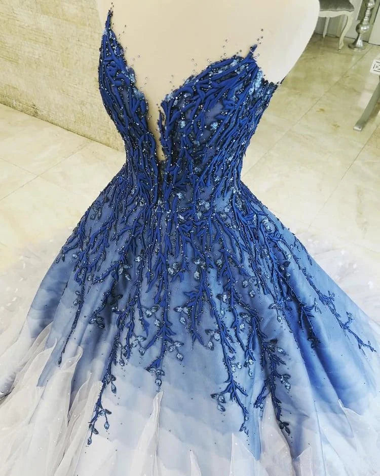 Blaues, glänzendes, elegantes V-Ausschnitt-Applikations-Farbverlaufs-Langballkleid, Ballkleid, Abendkleid, Zeremoniekleid für Erwachsene, gh3104