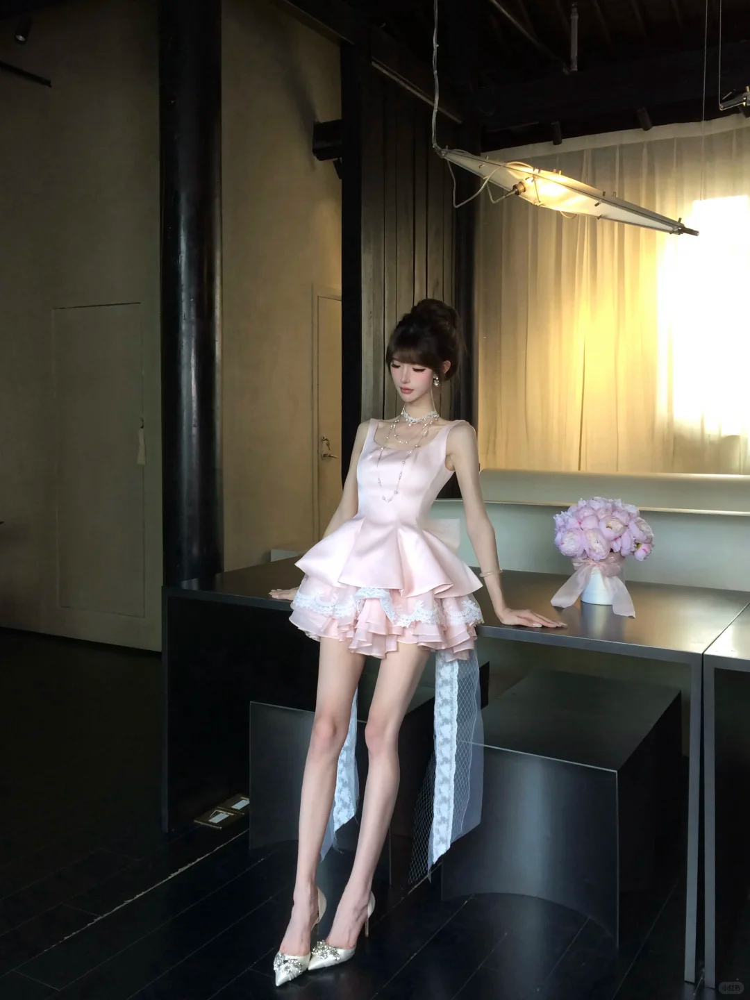Pink Square Neck Satin Homecoming Dress Lace Mini Prom Gown With Detachable Train gh9409