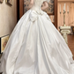 White Satin Vintage V‑Neck Puff Short Sleeve 3D Floral Lace Beaded Fitted Waist Full Flared Lace‑Hem Long Prom Gown, Wedding Dress gh8615