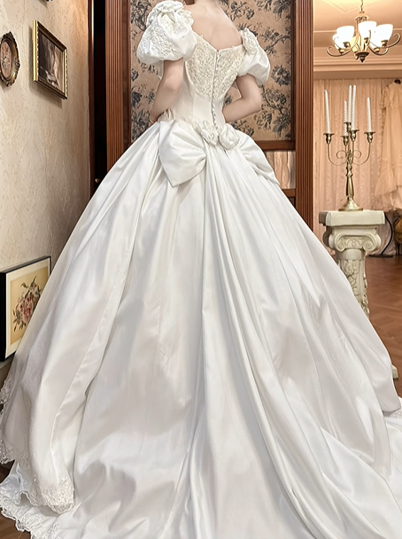 White Satin Vintage V‑Neck Puff Short Sleeve 3D Floral Lace Beaded Fitted Waist Full Flared Lace‑Hem Long Prom Gown, Wedding Dress gh8615