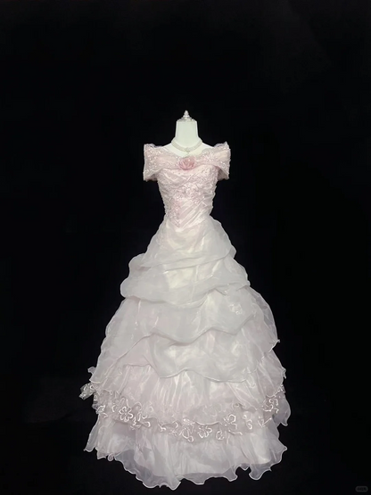 Blush Pink Off-the-Shoulder Cinched Waist Vintage Elegant Voluminous Princess Skirt Long Romantic Dress, Wedding Gown gh8025