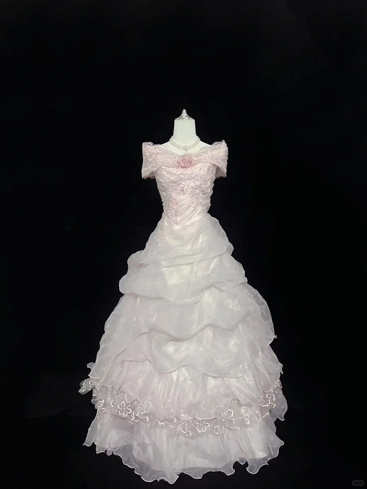 Blush Pink Off-the-Shoulder Cinched Waist Vintage Elegant Voluminous Princess Skirt Long Romantic Dress, Wedding Gown gh8025