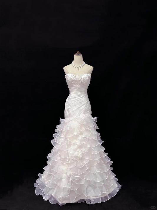 White Strapless, Cinched Waist, Slim Fit Bodycon Sexy Long Romantic Dress, Wedding Gown gh8075