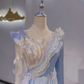 Light Blue Evening Dress with Stylish Neckline, Long Sleeves, Waist-Cinched Fitted Elegant Design, Fairy Gown, Romantic Gown gh7407